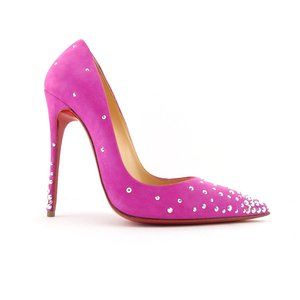 CHRISTIAN LOUBOUTIN Crystal Embellished Pink Suede Leather Stiletto Heels 37